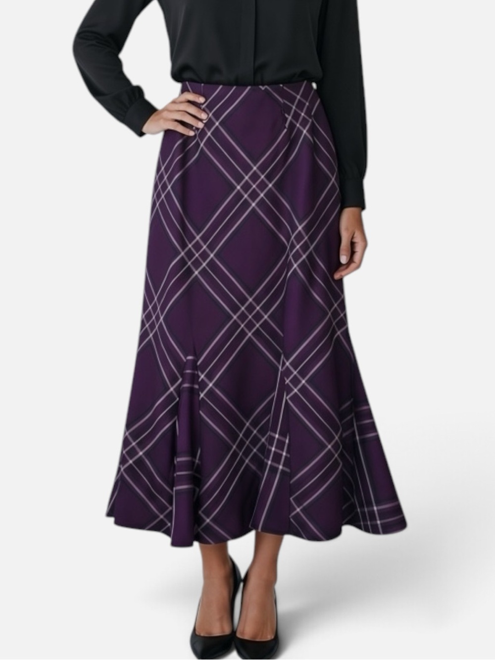 Dressbarn Vintage 90s Midi Purple Plaid A-Line Trumpet Hem Maxi Skirt Size 8